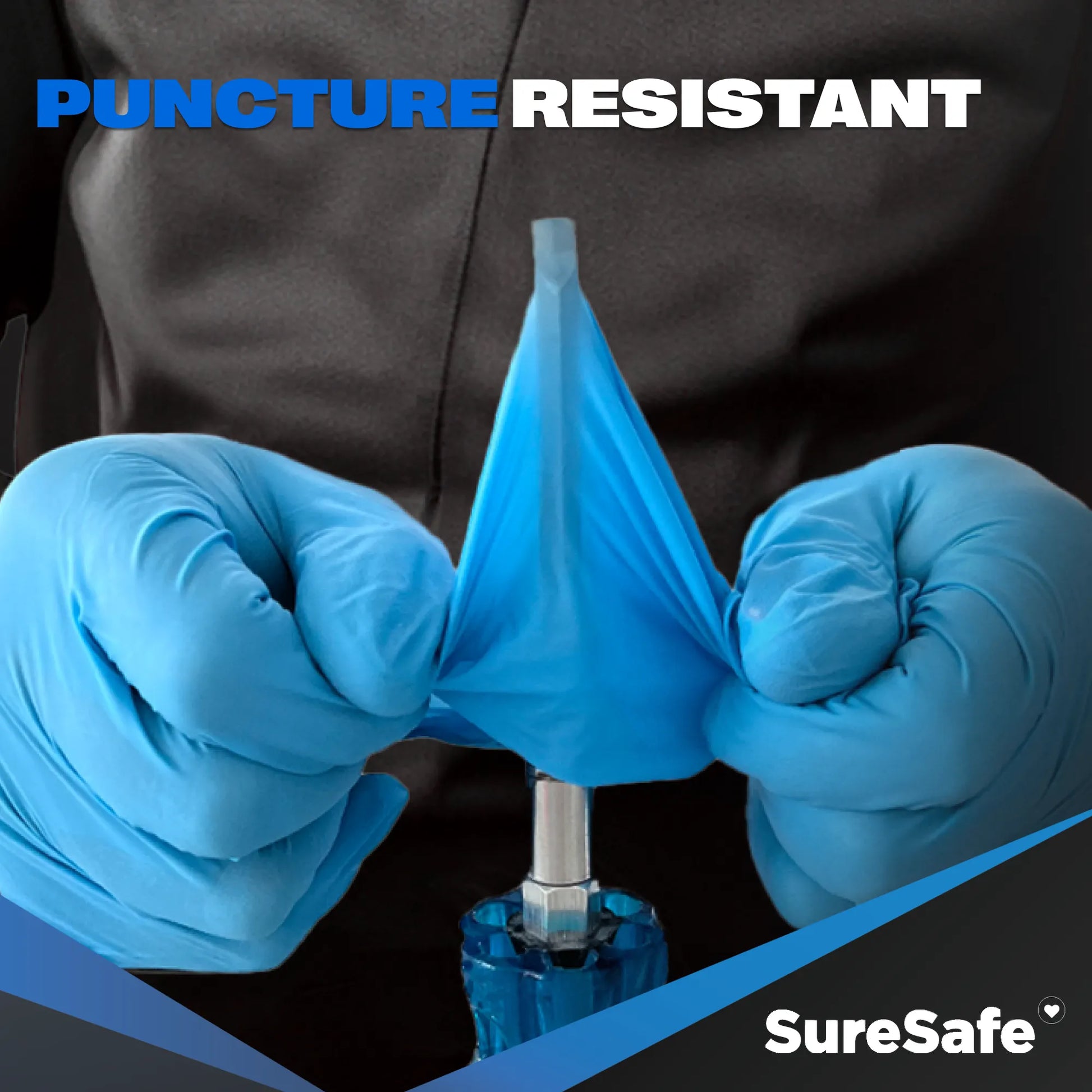 Blue SureSafe OBS 5 mil nitrile gloves being tested for puncture resistance to ensure safety in production facilities.