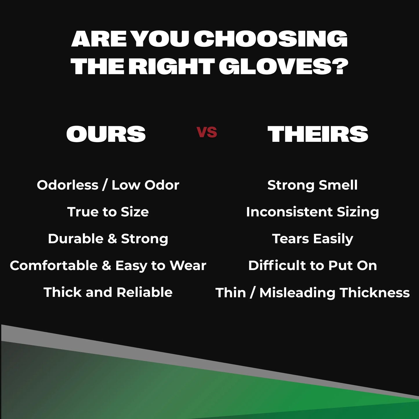 Comparison chart showing SureSafe OBS black gloves benefits like low odor and true-to-size fit versus competitors.