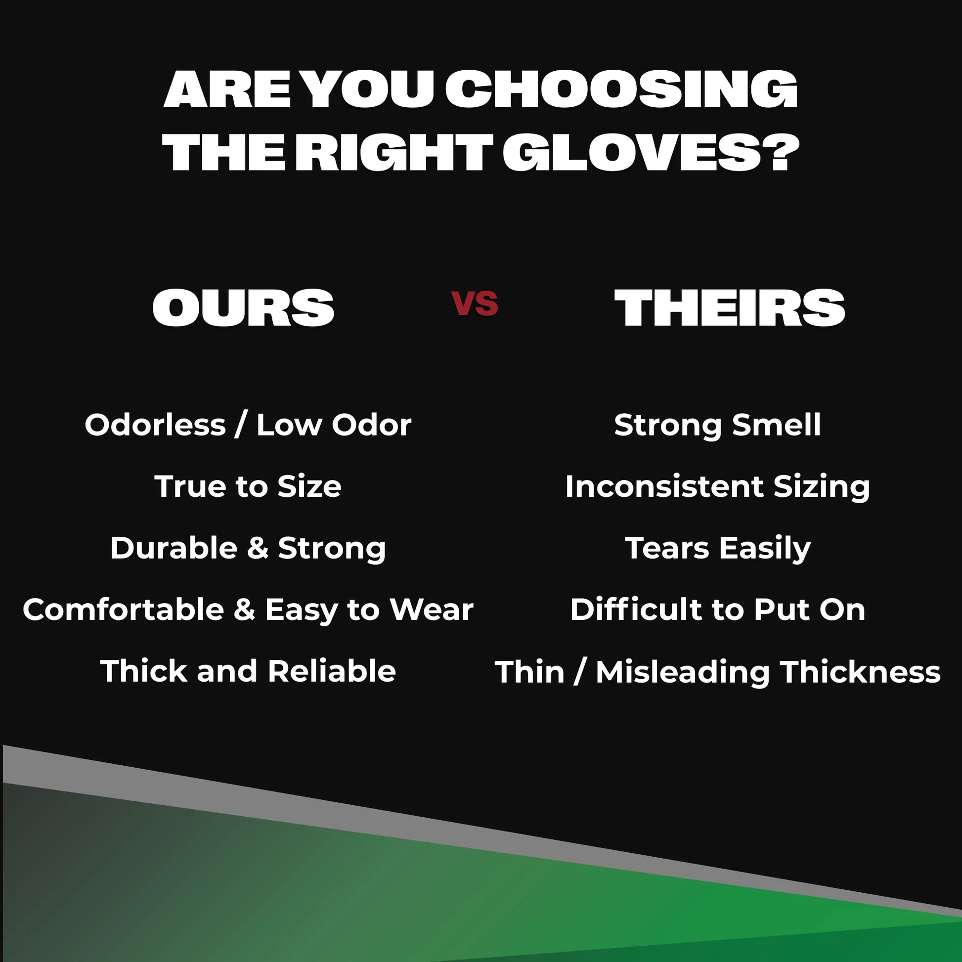 Comparison chart showing SureSafe OBS black gloves benefits like low odor and true-to-size fit versus competitors.