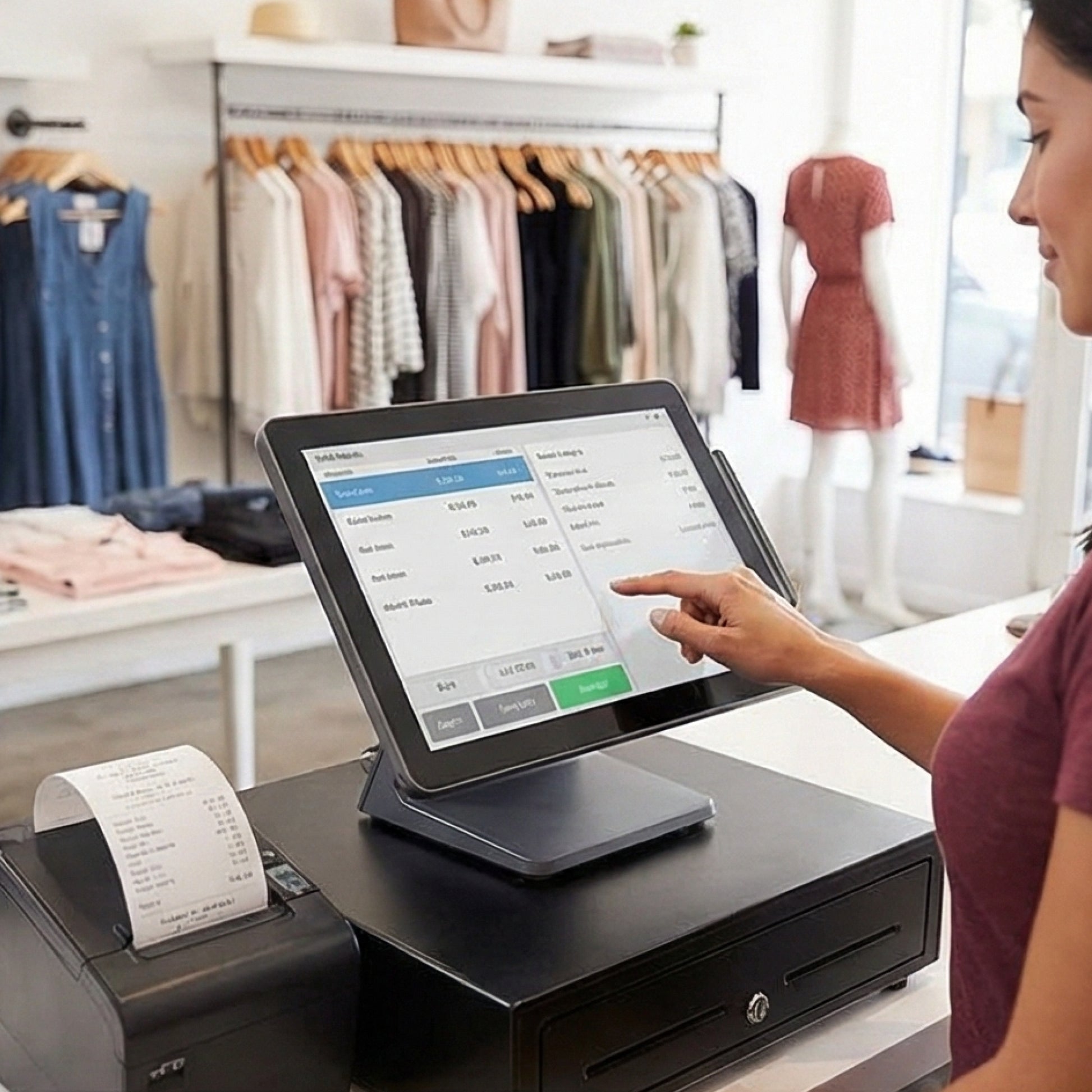 Retail professional using a desktop POS receipt printer equipped with SureSafe clear-printing thermal paper.
