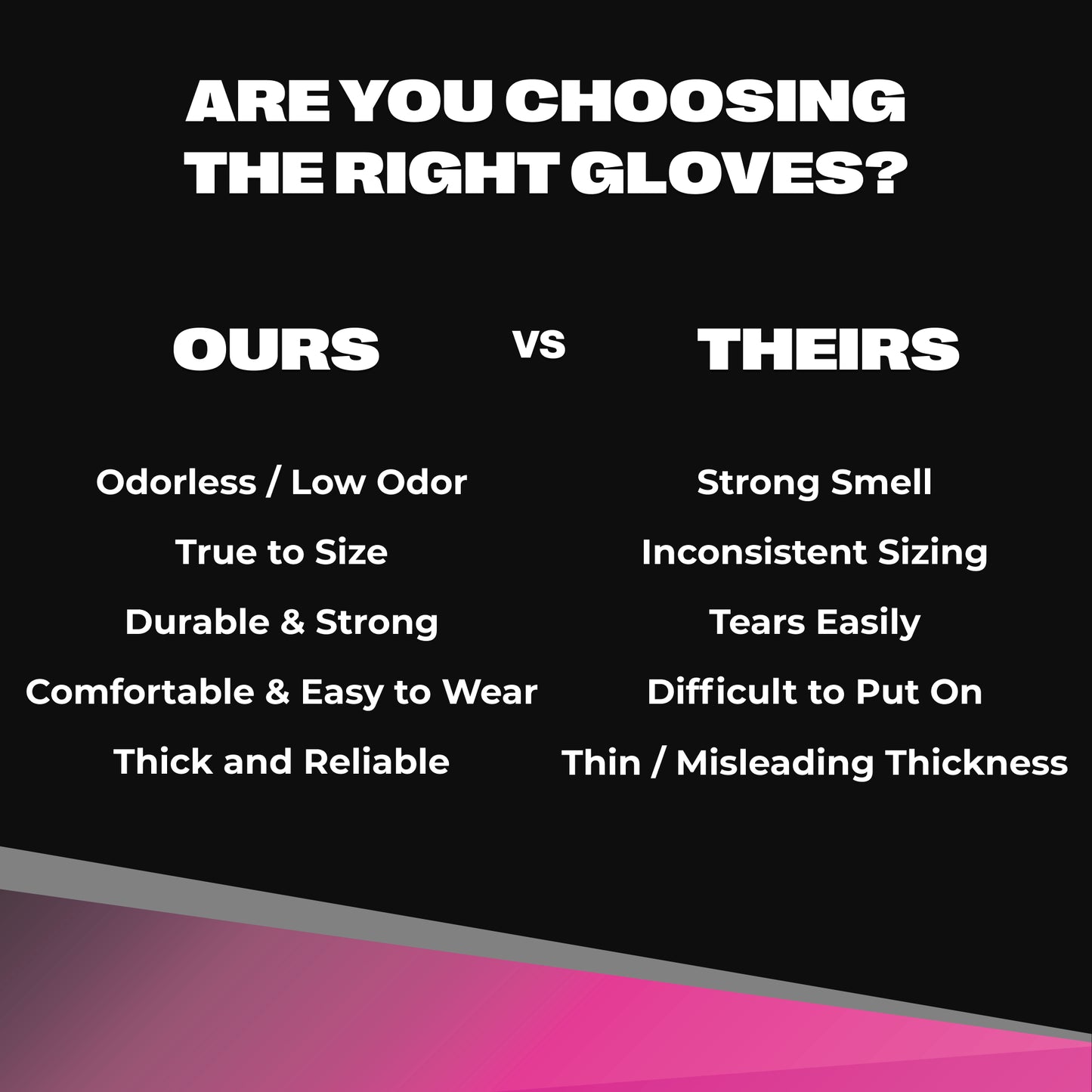 Quality comparison chart for SureSafe ROSÉ pink gloves showing odorless, true-to-size, and durable features.