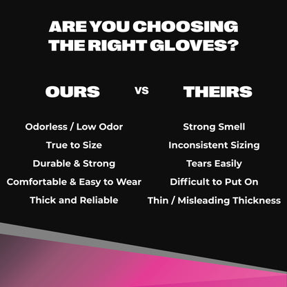 Quality comparison chart for SureSafe ROSÉ pink gloves showing odorless, true-to-size, and durable features.