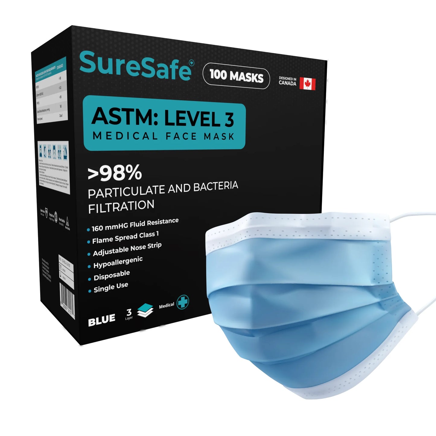 SureSafe ASTM Level 3 medical face mask in blue, 100 count box, professional 3-ply medical grade mask.