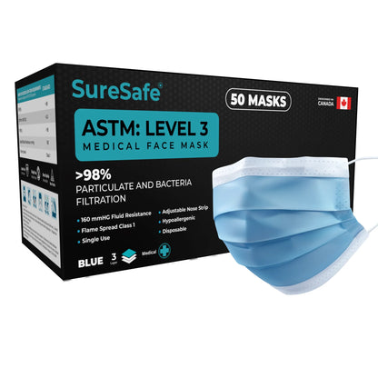 SureSafe ASTM Level 3 medical face mask in blue, 50 count box, medical-grade 3-ply disposable protection.
