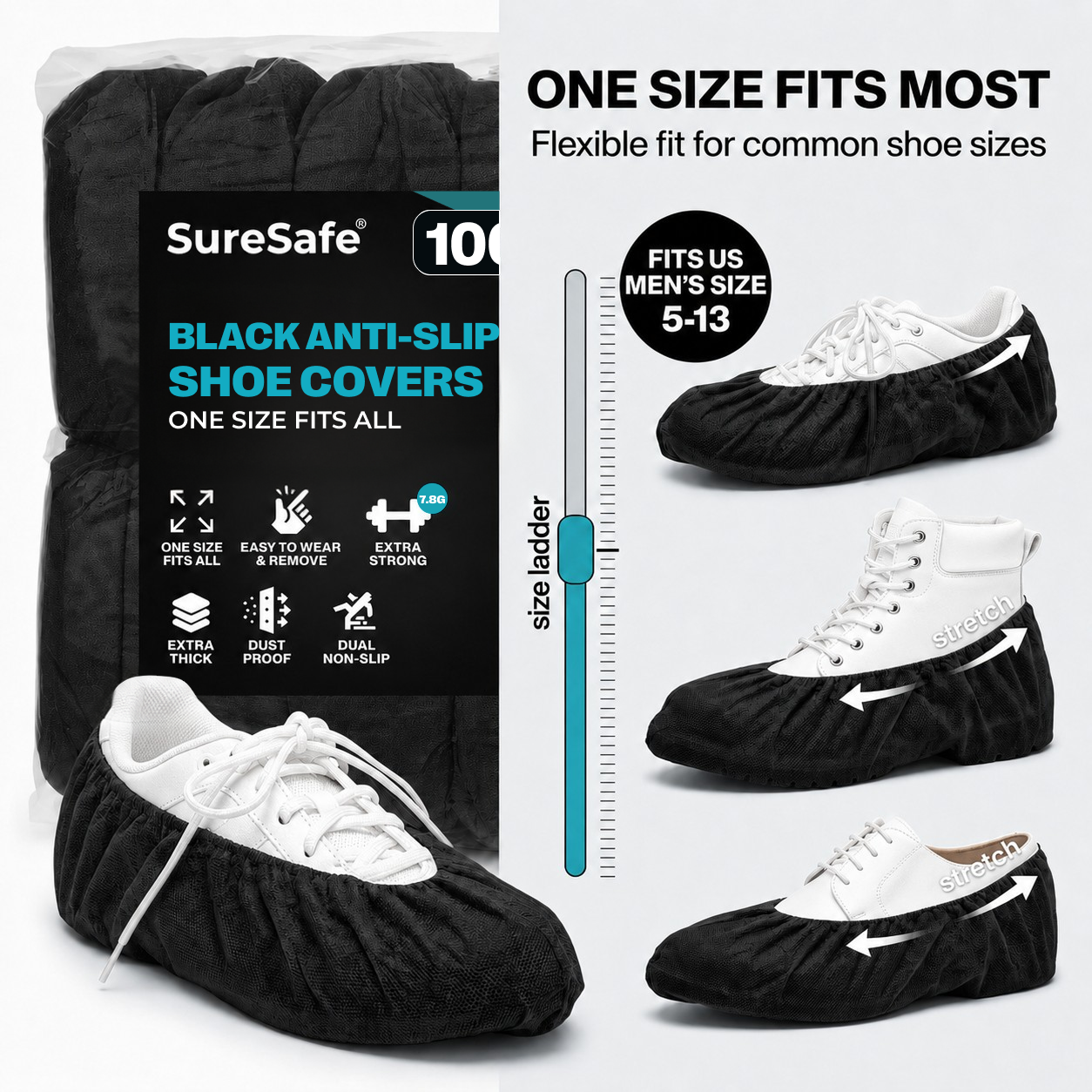 SureSafe black anti-slip shoe cover one size fits most, fits US men's size 5-13, 100 pack
