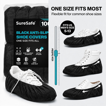 SureSafe black anti-slip shoe cover one size fits most, fits US men's size 5-13, 100 pack