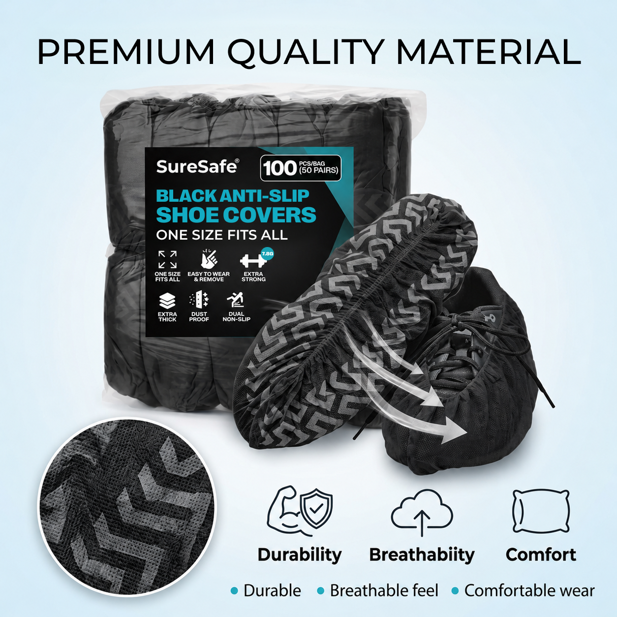 SureSafe black shoe cover 100-pack premium material, durable breathable and comfortable