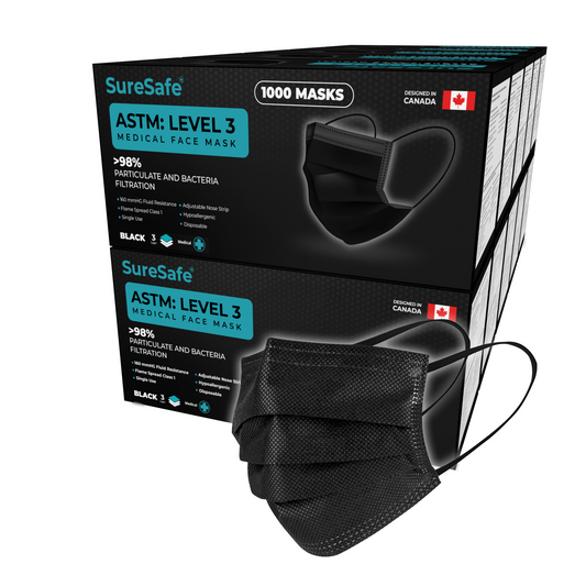 SureSafe ASTM Level 3 black medical face masks, 1000-count case.