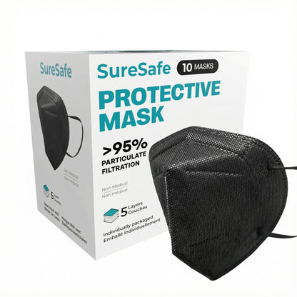 SureSafe Black 5-ply protective mask, 10 count pack, 3D contoured design for high-filtration respiratory protection.