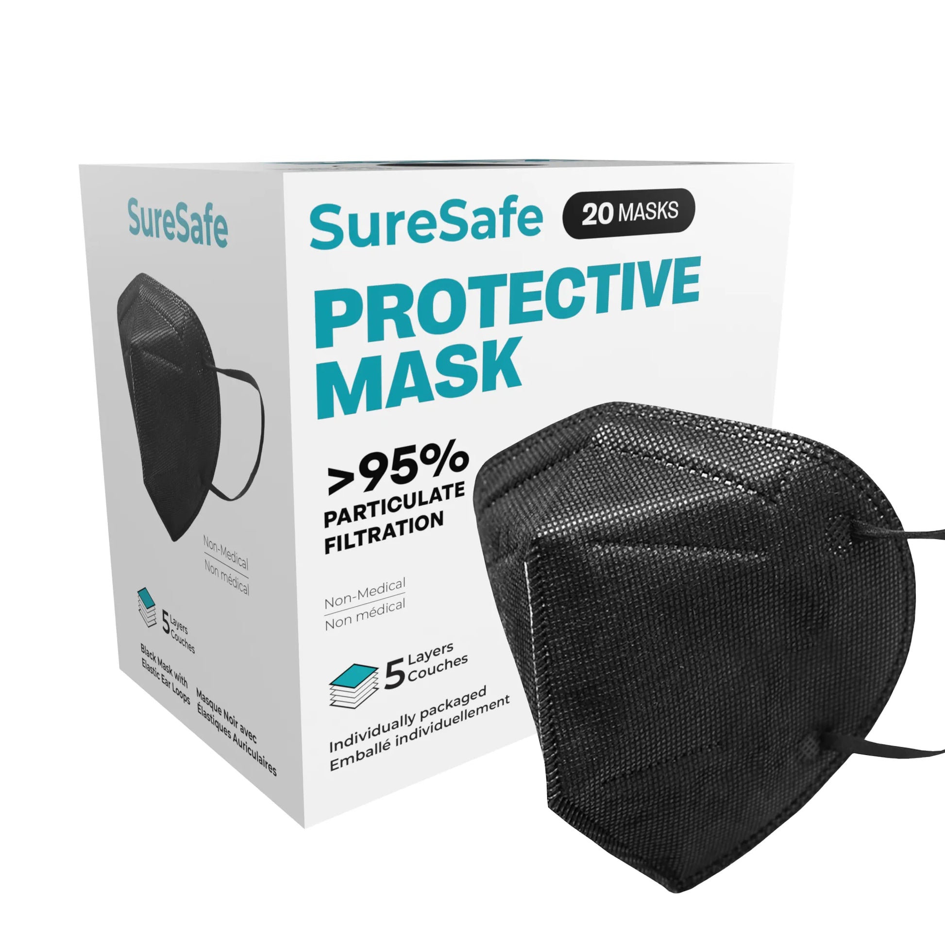 SureSafe Black 5-ply protective mask, 20 count pack, 3D contoured design for high-filtration respiratory protection.
