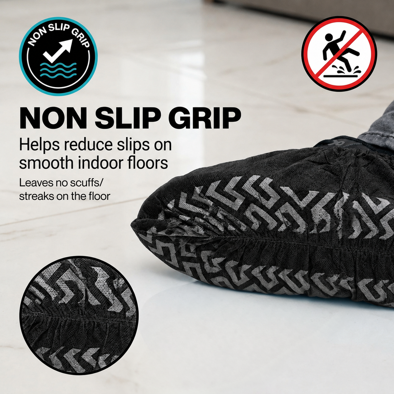  InfographicSureSafe black shoe cover non-slip grip reduces slips on smooth indoor floors, no scuffs