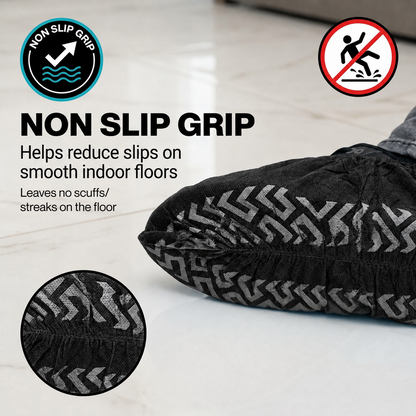  InfographicSureSafe black shoe cover non-slip grip reduces slips on smooth indoor floors, no scuffs