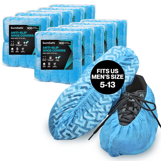 SureSafe blue anti-slip shoe covers, 1,000 pieces in ten 100-piece bags.