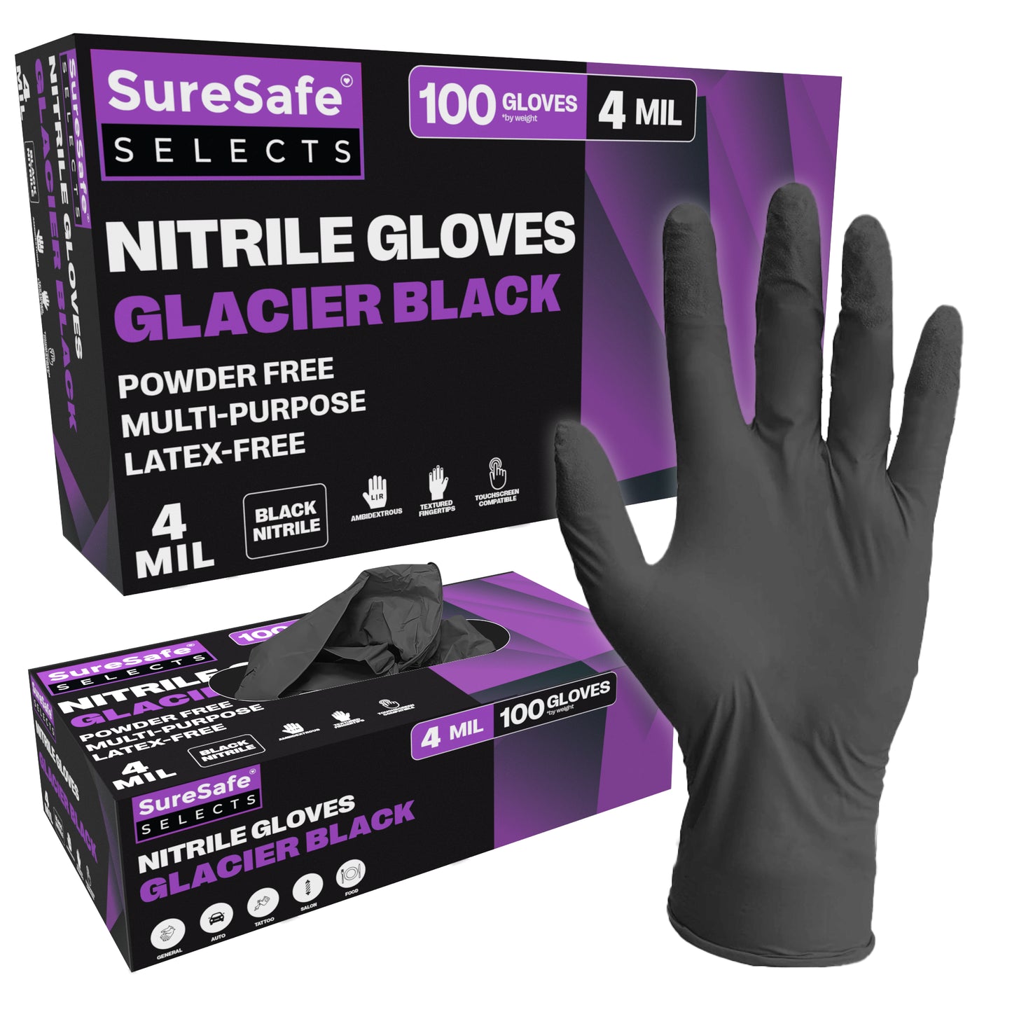Large SureSafe GLACIER 4 mil black nitrile gloves with textured fingertips for secure grip in light automotive work.