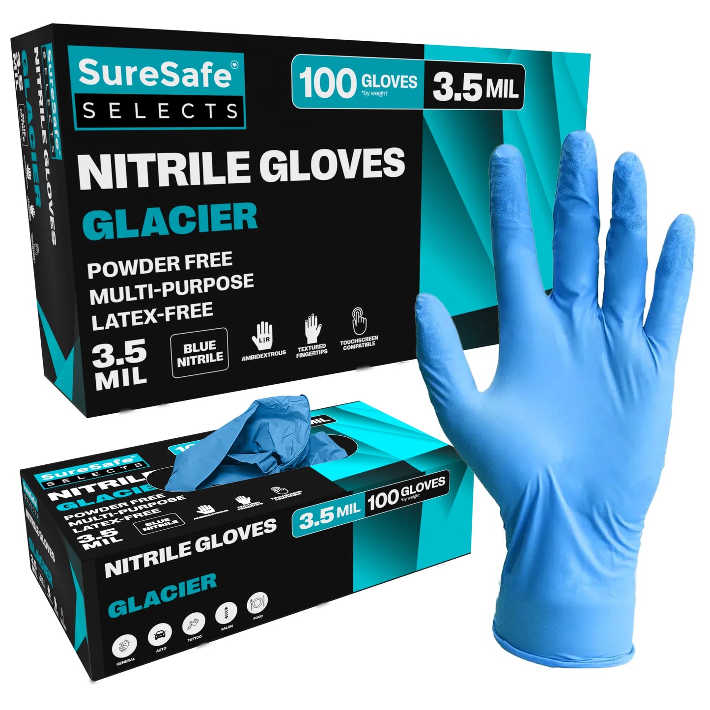 SureSafe glacier blue nitrile blend stretch disposable gloves 3.5 mil thickness