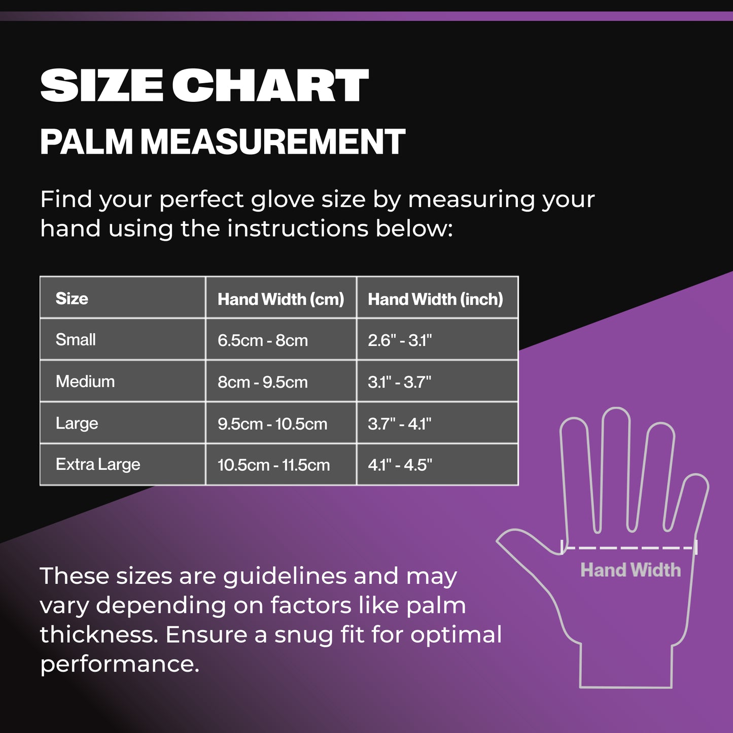 Palm measurement size chart for SureSafe GLACIER black nitrile gloves including Small, Medium, Large, and XL.