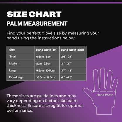 Palm measurement size chart for SureSafe GLACIER black nitrile gloves including Small, Medium, Large, and XL.