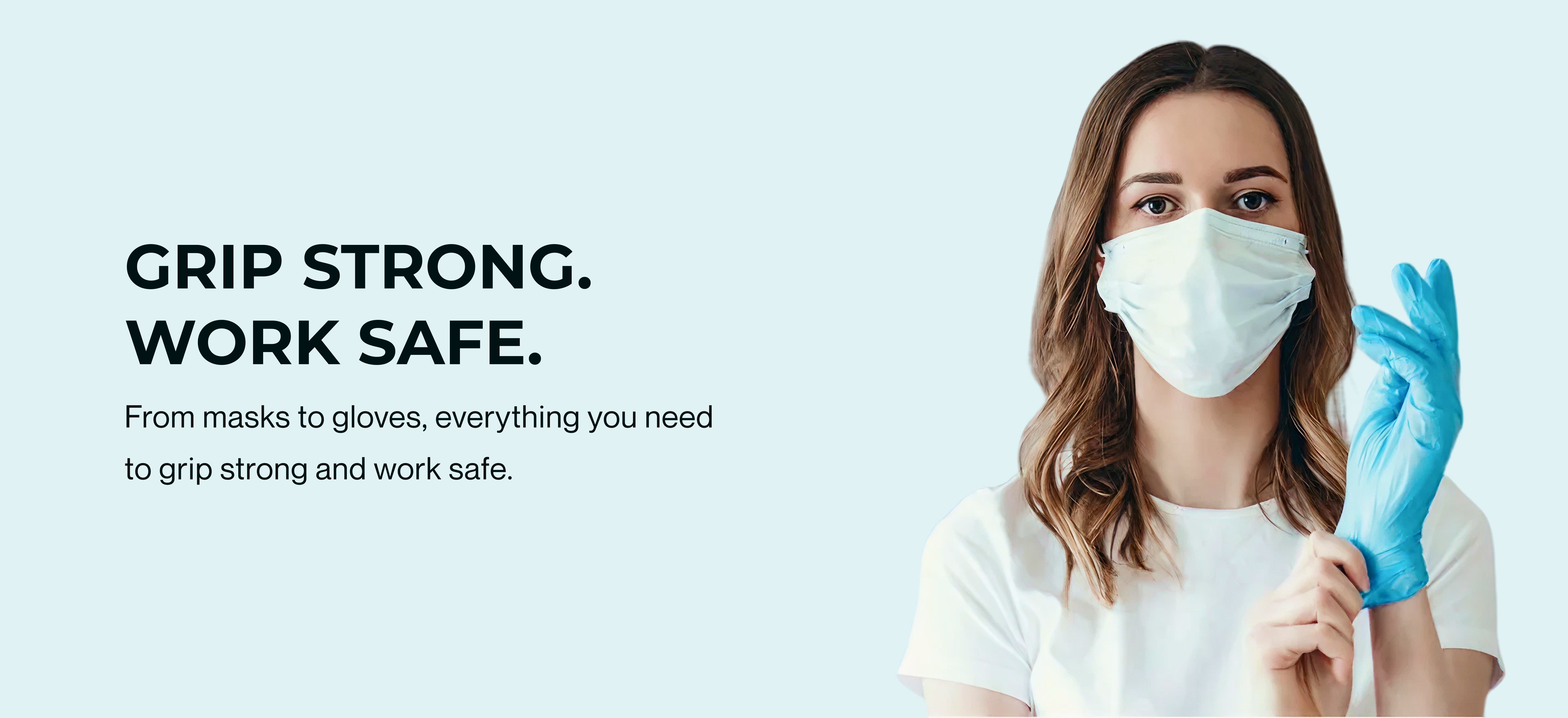 SureSafe PPE banner featuring a professional wearing a blue nitrile glove and medical mask. Grip Strong. Work Safe.