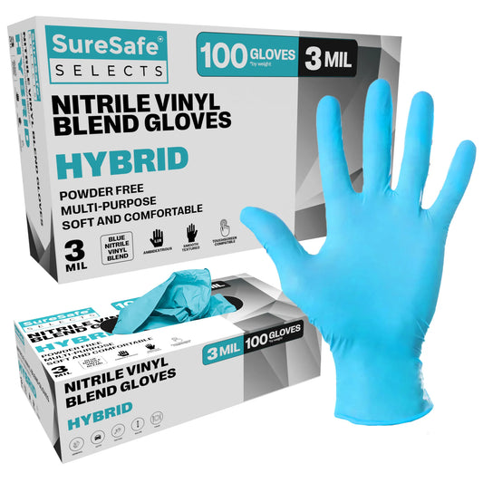 SureSafe blue vinyl nitrile blend stretch disposable gloves 3 mil powder free