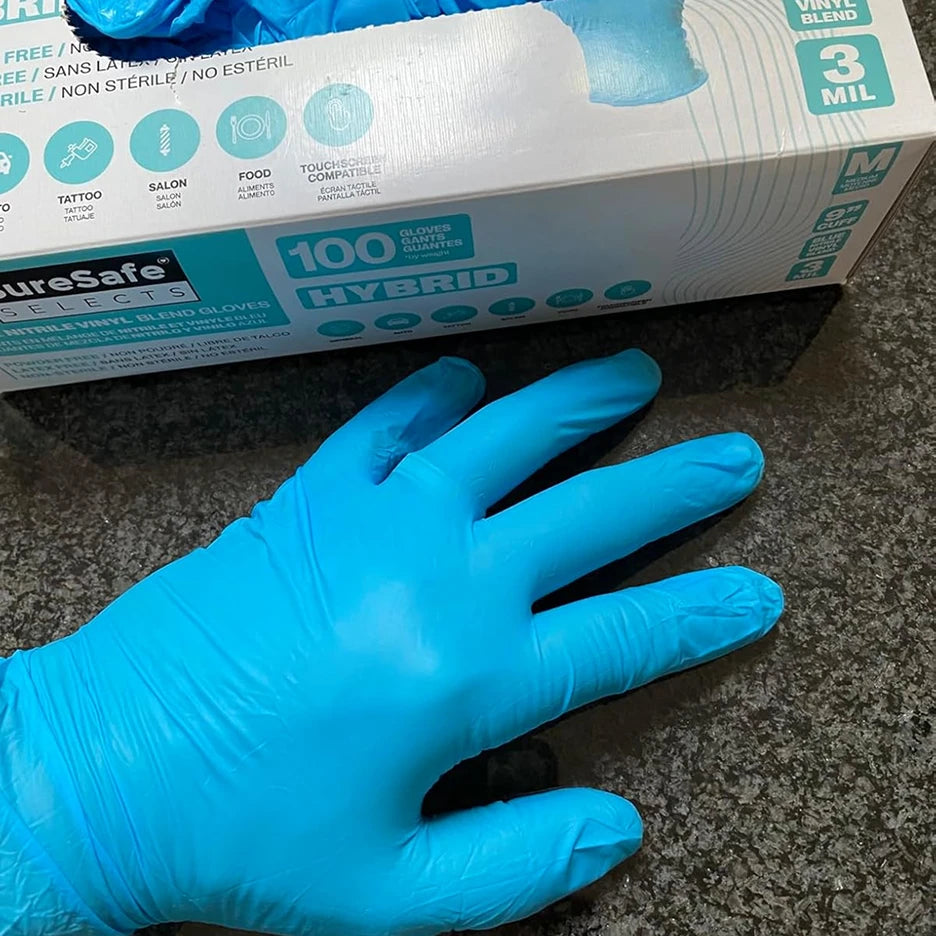 SureSafe Hybrid 3 mil blue nitrile/vinyl blend gloves, 100 count box, latex-free and powder-free for food prep.