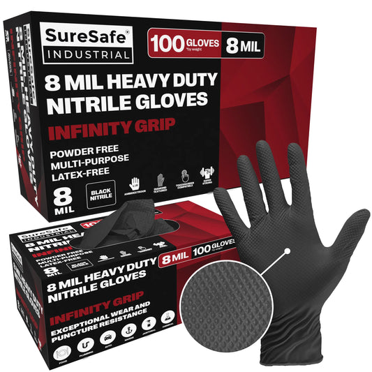 SureSafe black 8 mil nitrile disposable gloves with infinity grip texture