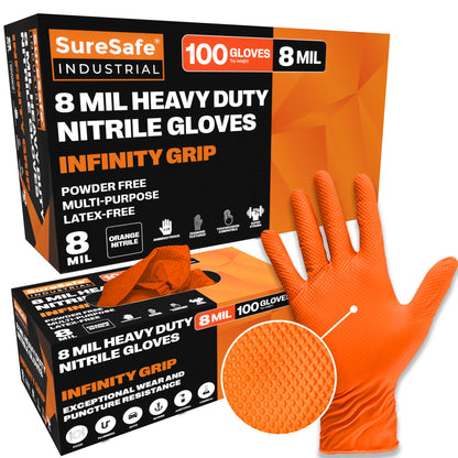 SureSafe 8 mil nitrile disposable gloves with infinity grip for heavy duty use