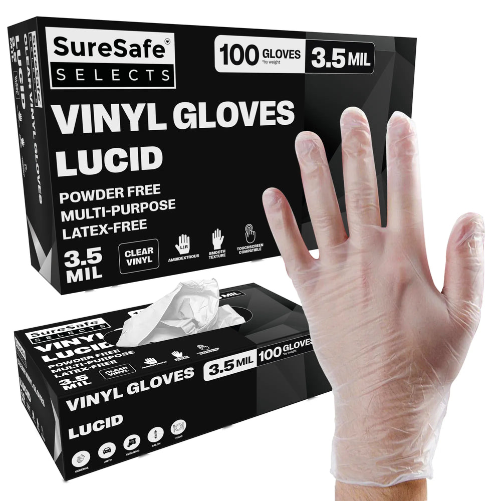 SureSafe Lucid 4MIL Clear Vinyl Gloves, Latex Free Disposable - 100 Count