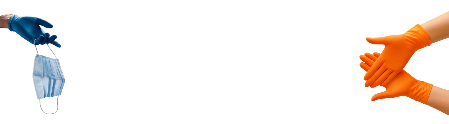 SureSafe PPE collection: 3-ply blue medical mask, blue nitrile gloves, and high-visibility orange industrial gloves.