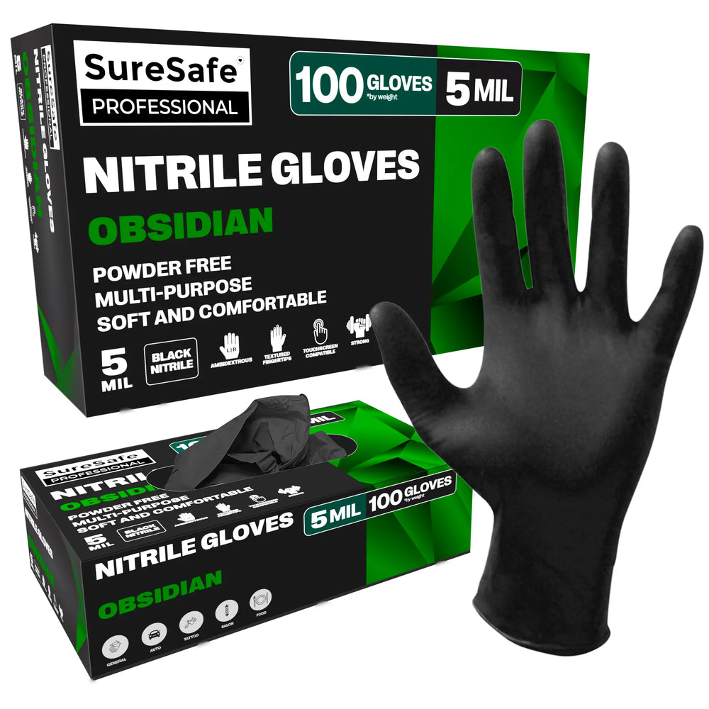SureSafe OBSIDIAN Heavy Duty Black Nitrile Gloves - 5 Mil, Stretch - 100 Count
