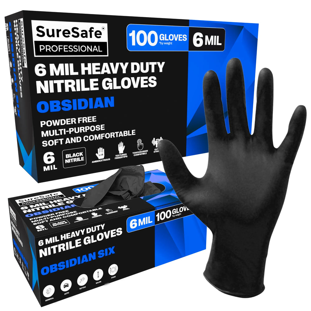 SureSafe OBSIDIAN SIX Heavy Duty Black Nitrile Gloves - 6 Mil, Puncture-Resistant - 100 Count
