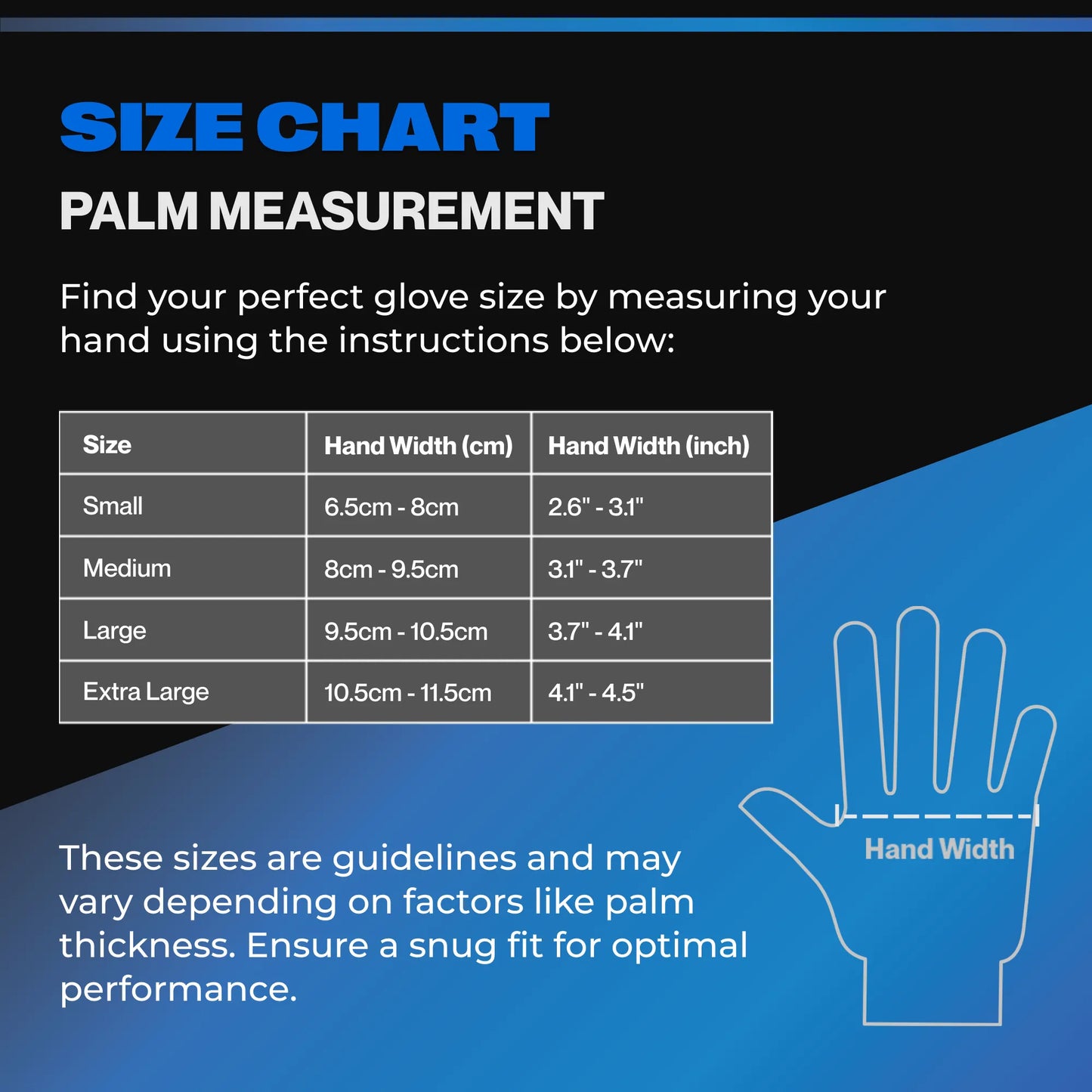 Palm measurement size chart for SureSafe OBS6 6 mil black nitrile gloves, including Small, Medium, Large, and XL sizes.