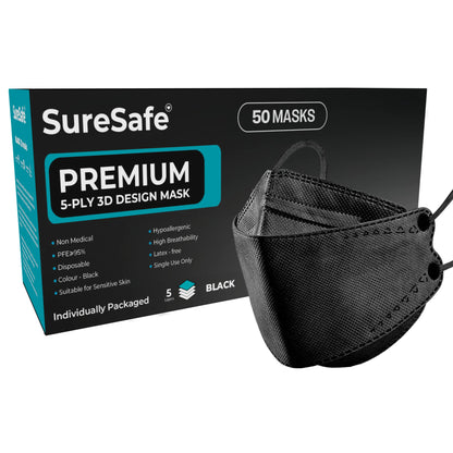 SureSafe Premium 3D KN95 black face mask, breathable 5-ply protection in a 50 count box for daily use.