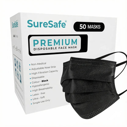 SureSafe Premium black 3-ply disposable face mask, 50 count box, breathable and hypoallergenic for daily protection.