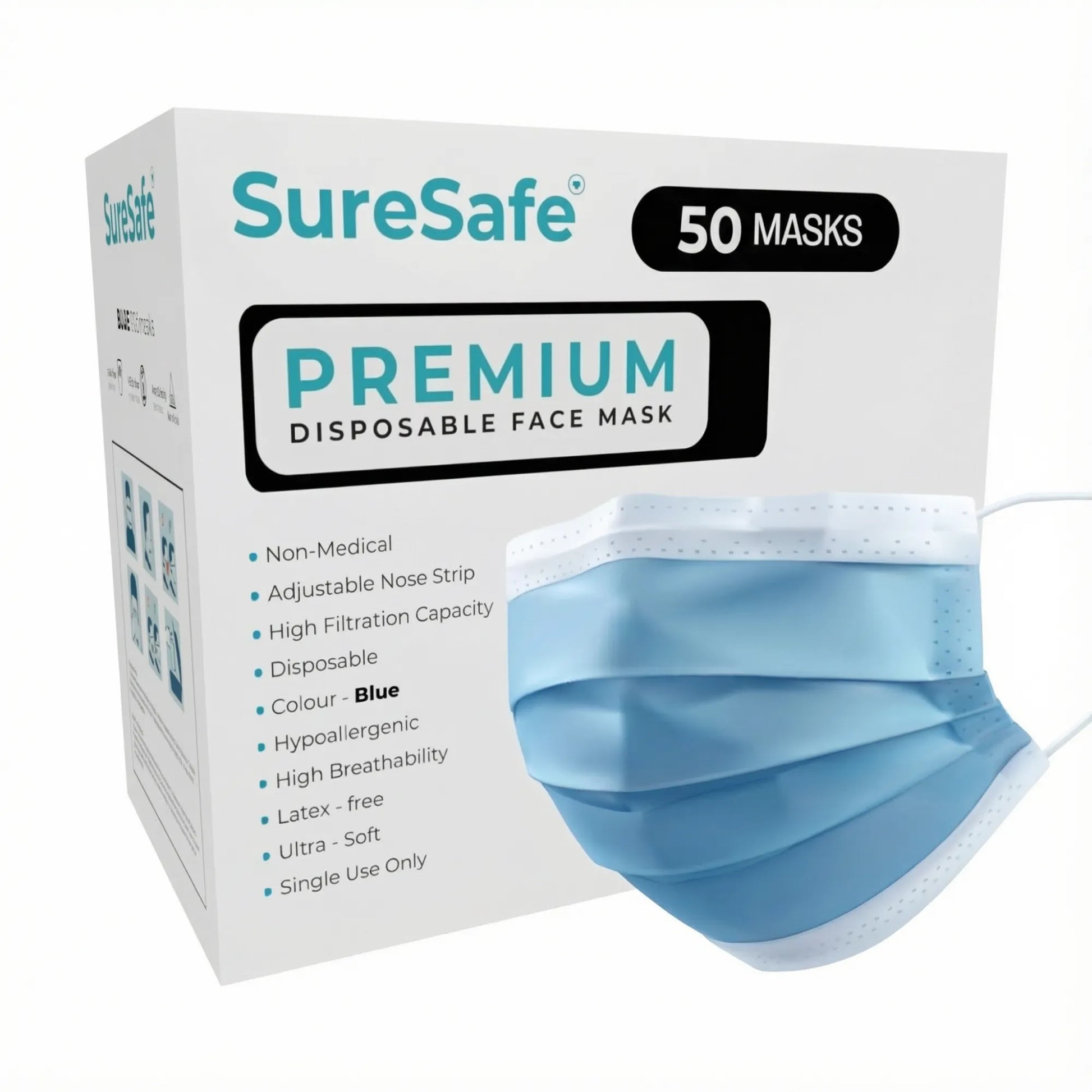 SureSafe Premium blue 3-ply disposable face mask, 50 count box, high-filtration and moisture-absorbing inner layer.