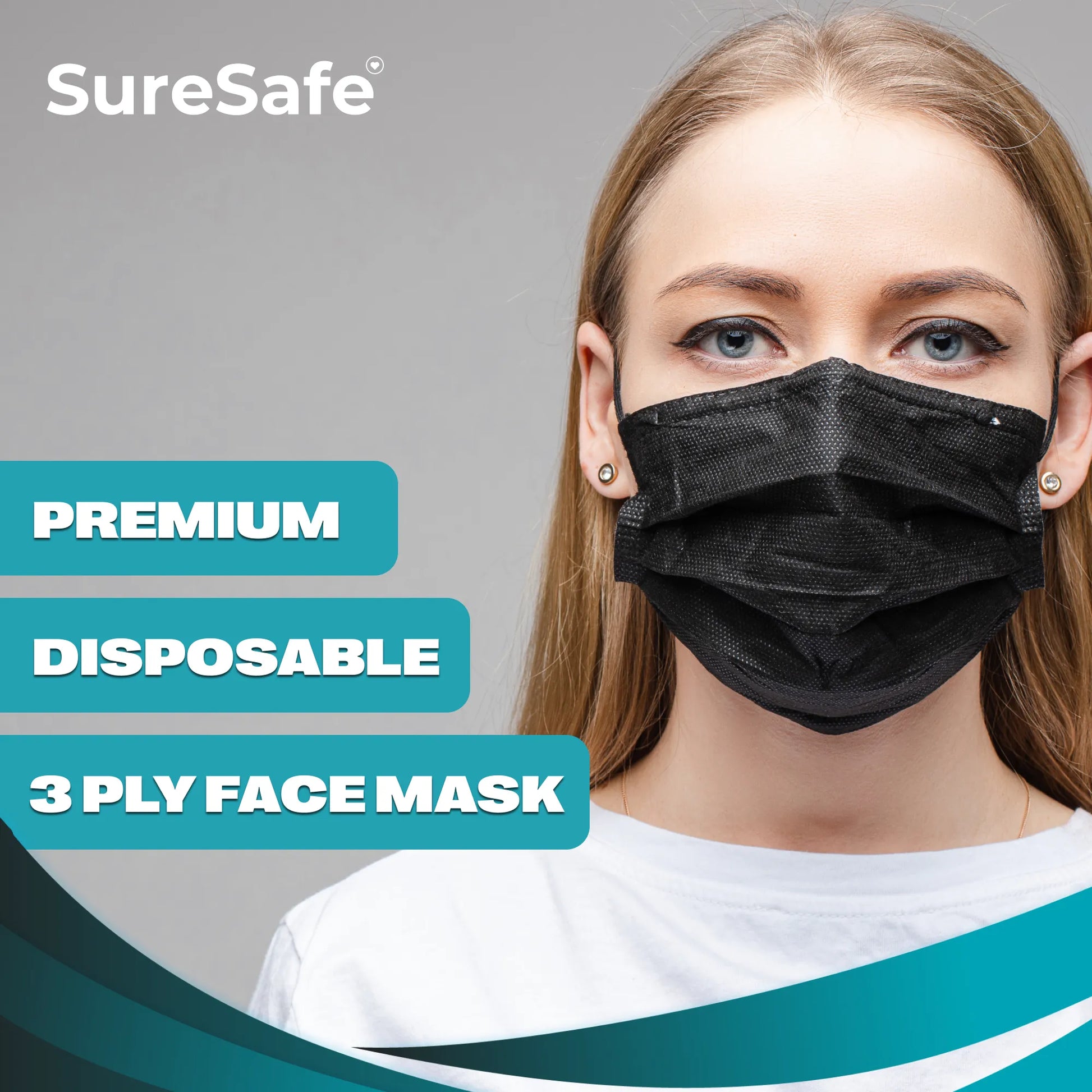 Woman wearing a SureSafe Premium black 3-ply disposable mask to show a sleek, professional fit and full coverage.