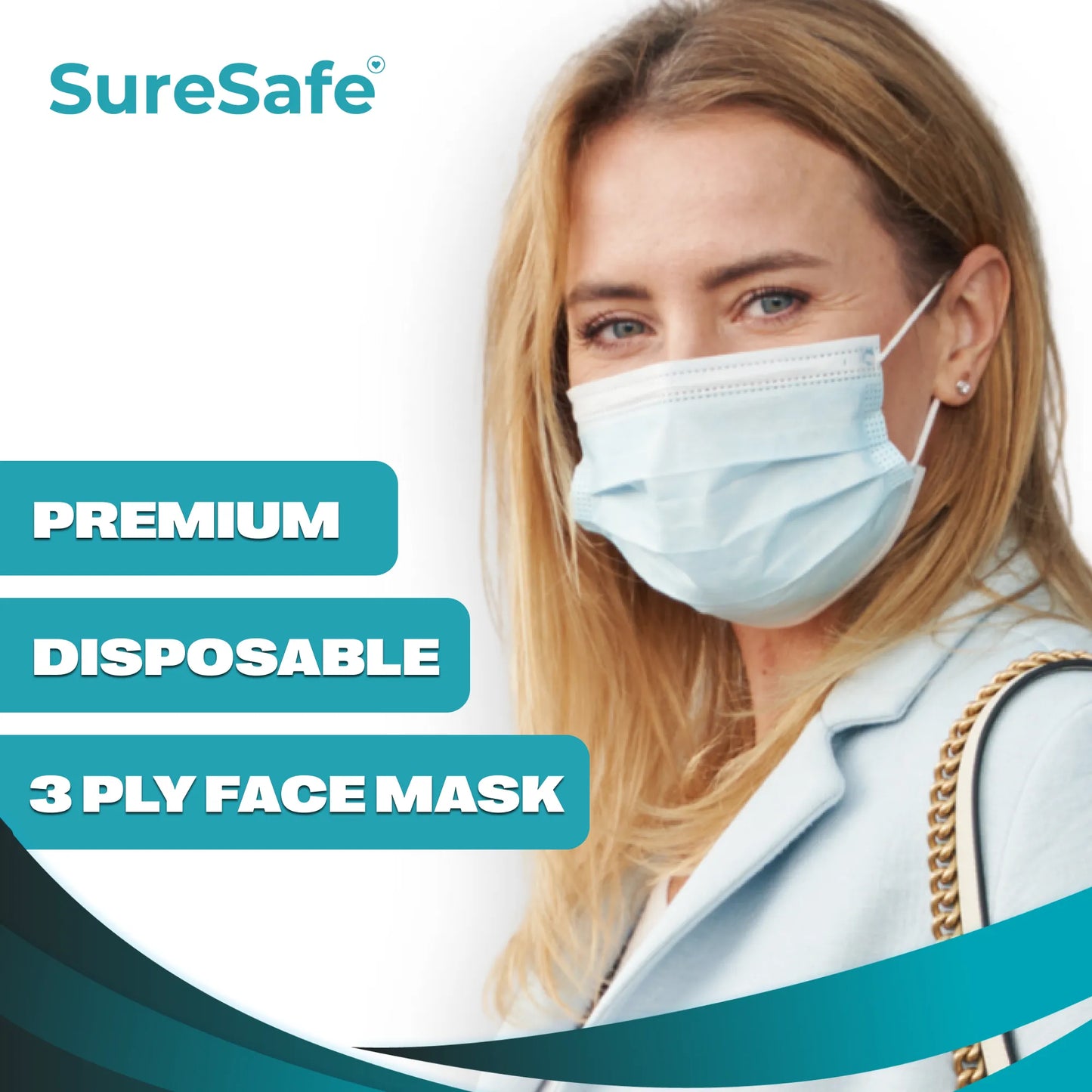 Woman wearing a SureSafe Premium blue 3-ply mask showing a snug, breathable, and secure fit for daily use.