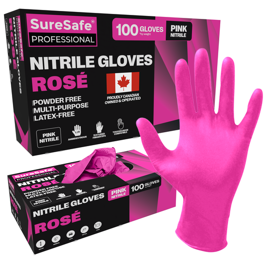 SureSafe Rosé pink nitrile gloves, 100-count box.