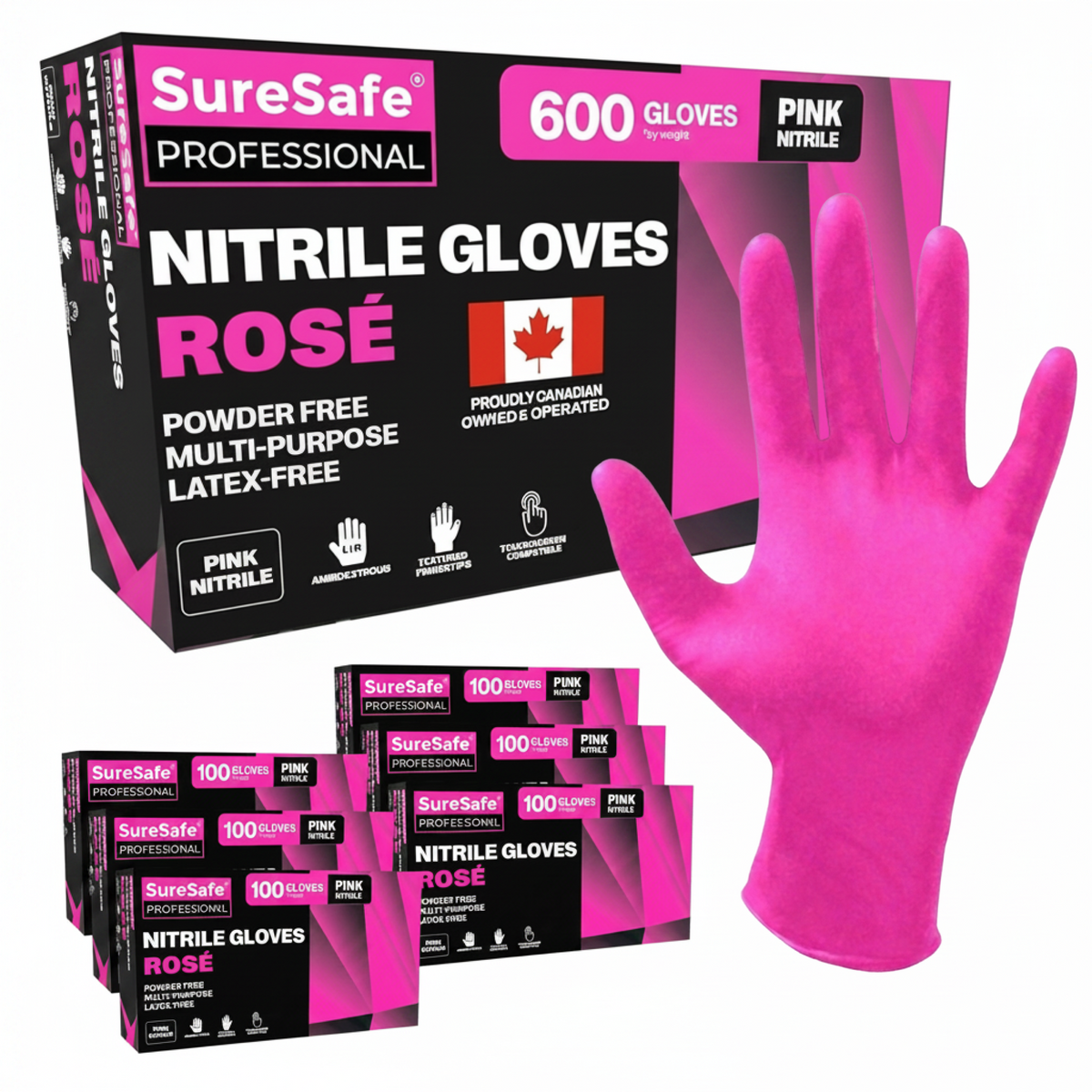 SureSafe Rosé pink nitrile gloves, 600-count case with six 100-count boxes