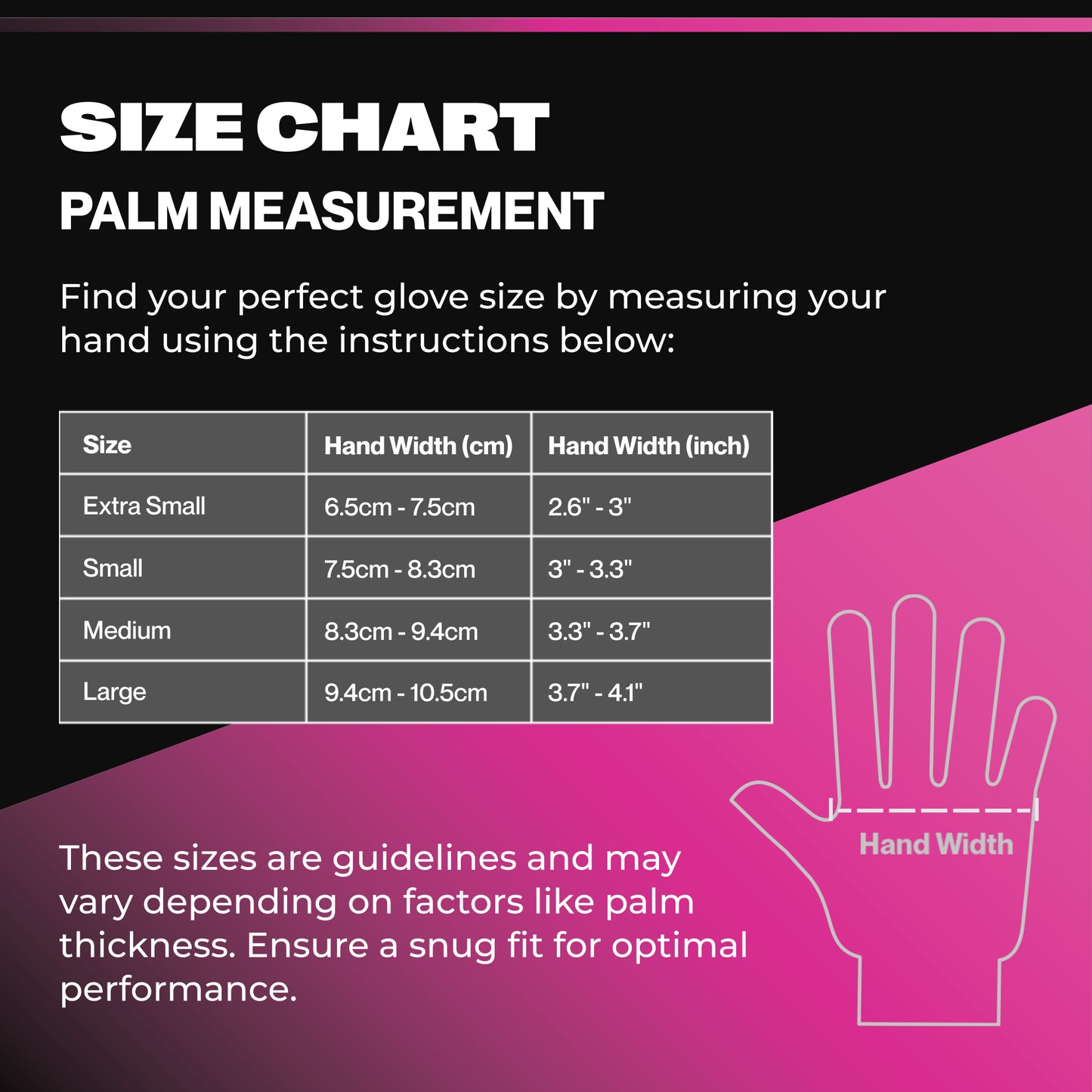 Palm measurement size chart for SureSafe ROSÉ pink nitrile gloves including Extra Small to Large sizes.