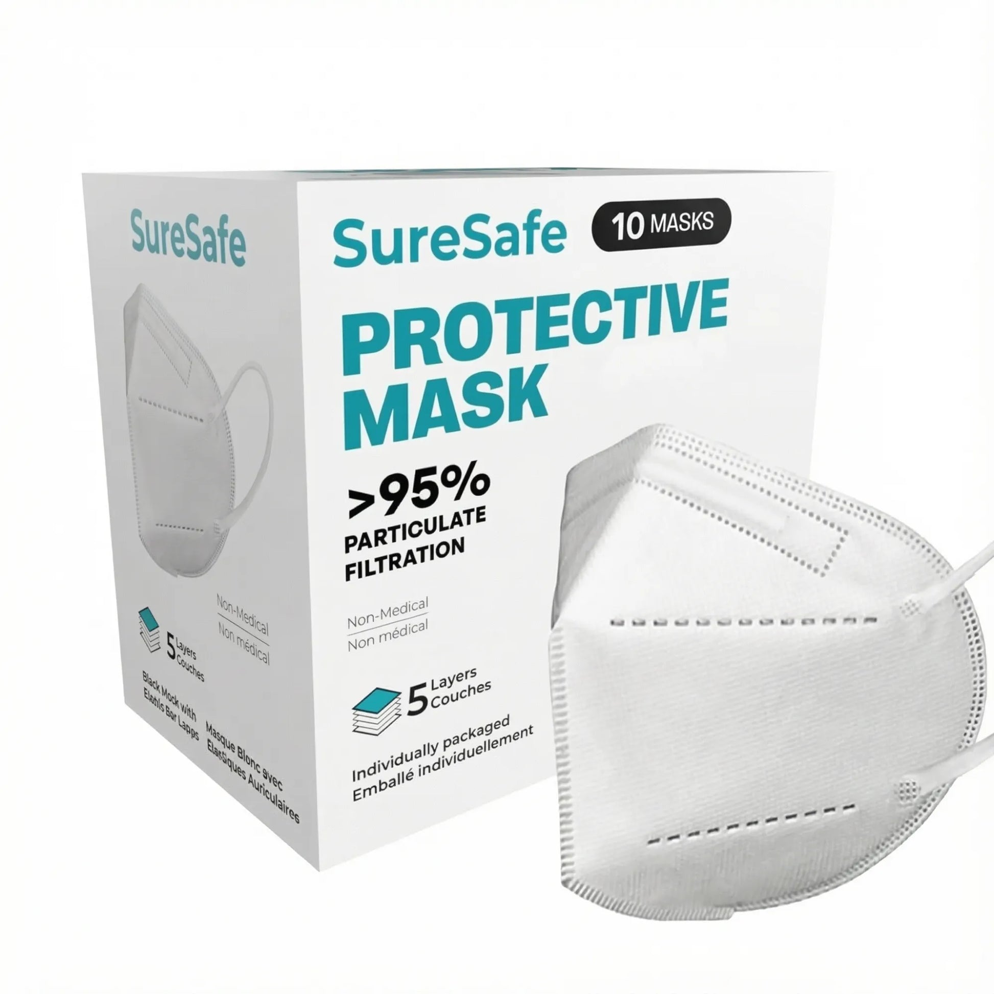 SureSafe Blue 5-ply protective mask, 10 count pack, breathable 5-layer disposable mask with adjustable nose bridge.