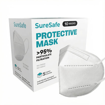 SureSafe Blue 5-ply protective mask, 10 count pack, breathable 5-layer disposable mask with adjustable nose bridge.