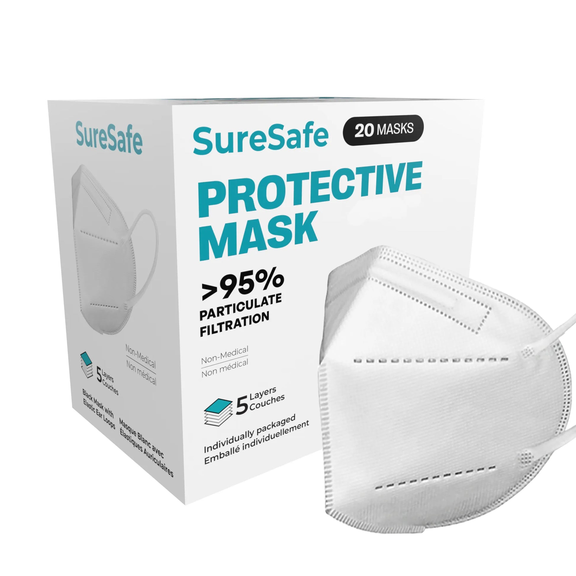 SureSafe White 5-ply protective mask in a 20 count box, 3D contoured design with over 95 percent filtration.