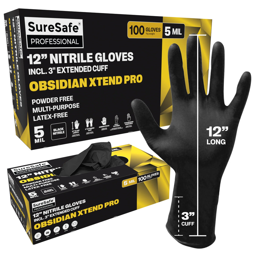 SureSafe OBSIDIAN XTEND PRO 12" Black Nitrile Gloves - 5 Mil, Extended Cuff - 1000 Count