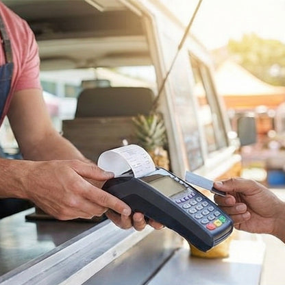 Customer receiving a receipt from a mobile debit machine using SureSafe BPA-free thermal paper for clear printing.