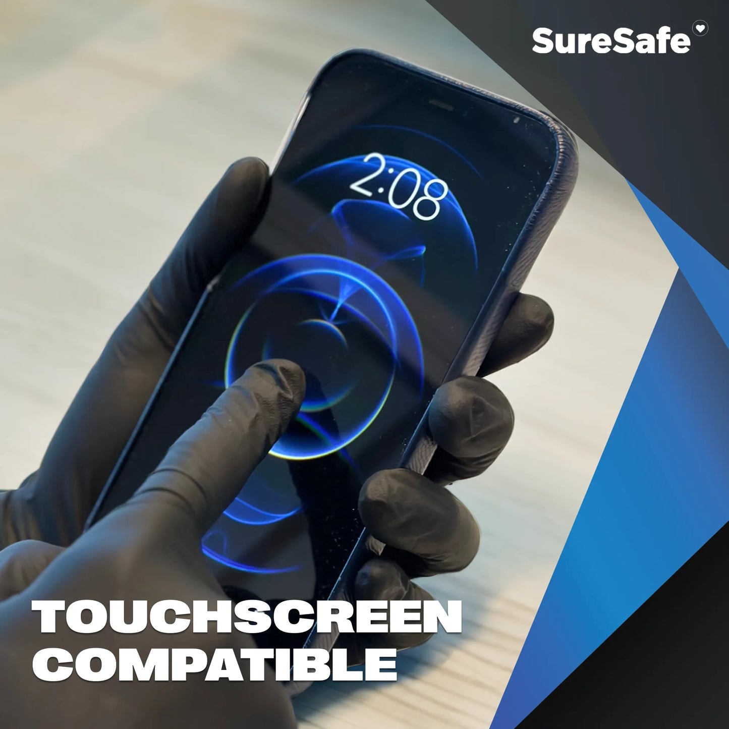 Black SureSafe OBS6 gloves being used on a smartphone screen to show sensitivity and compatibility for modern mechanics.