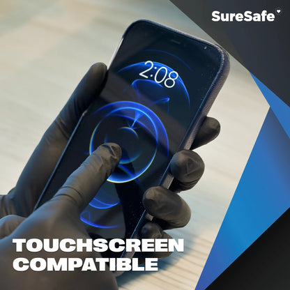 Black SureSafe OBS6 gloves being used on a smartphone screen to show sensitivity and compatibility for modern mechanics.