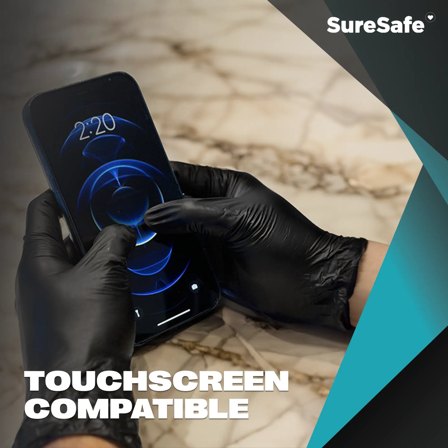 Person wearing black SureSafe Hybrid Blend gloves using a smartphone to show touchscreen sensitivity for service staff.