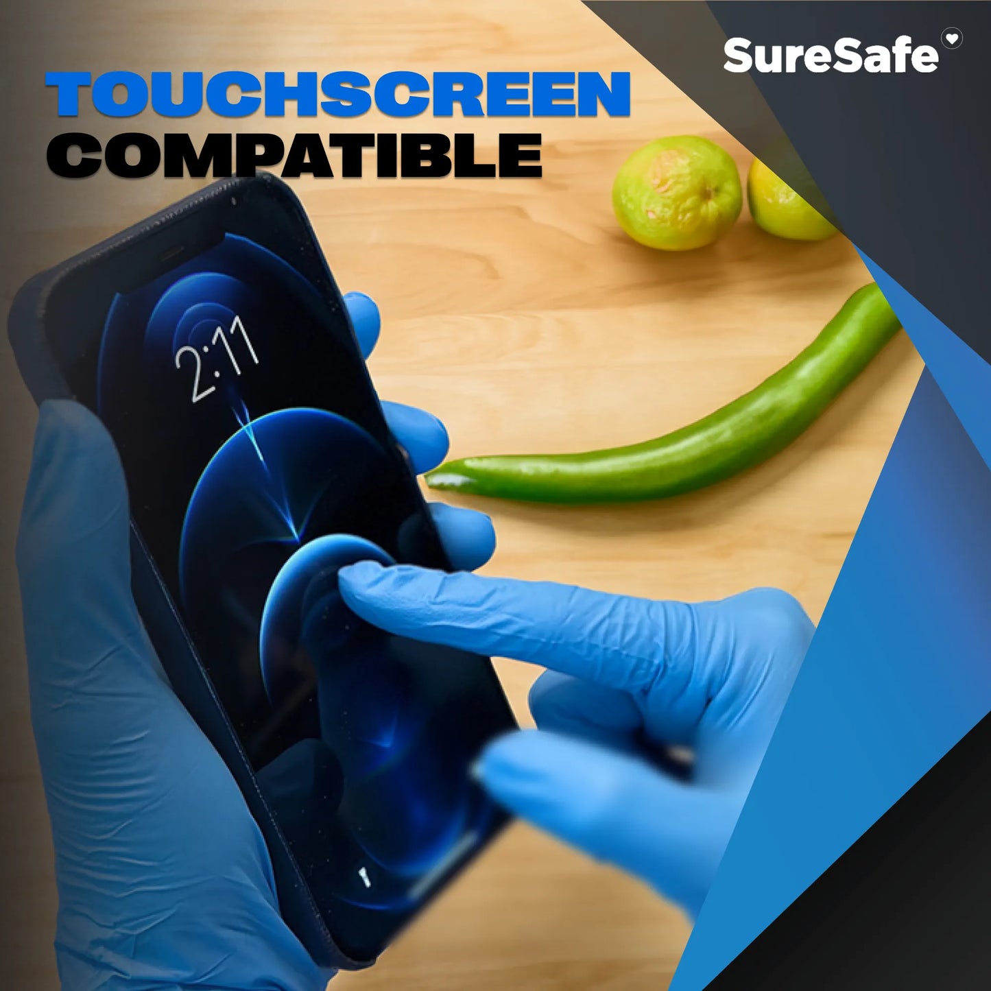 Person wearing blue SureSafe OBS gloves using a smartphone to show touchscreen sensitivity for food and factory workers.