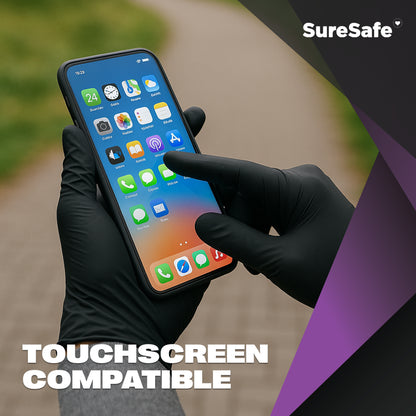 Black SureSafe GLACIER nitrile gloves being used on a smartphone screen to demonstrate touchscreen compatibility.