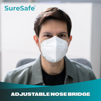 Man wearing a white SureSafe mask highlighting the adjustable nose bridge for a secure and customized seal.